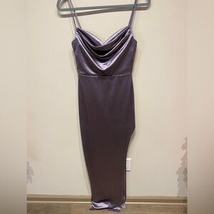 Satin purple full length dress with slit up the side